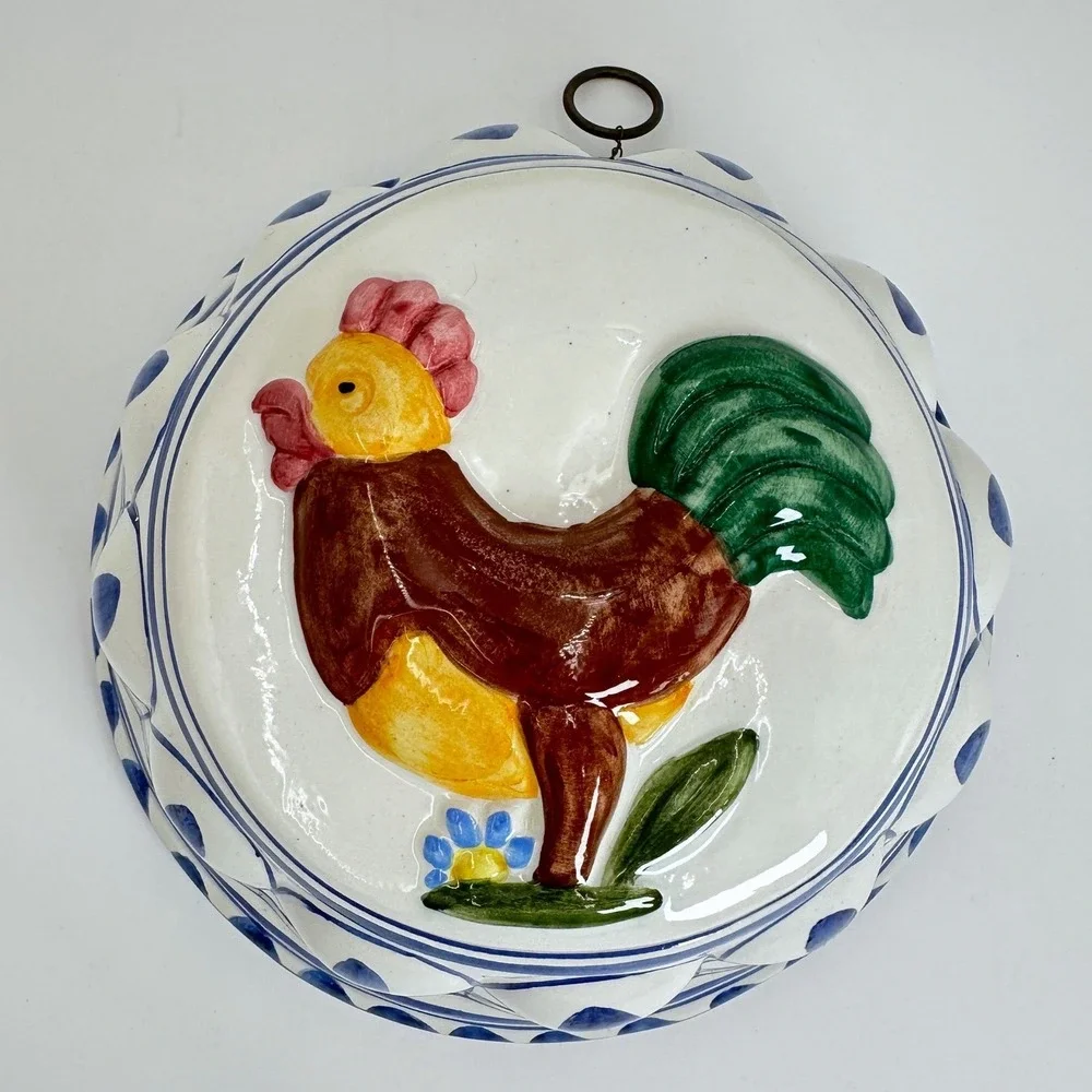Vtg ABC Bassano Italy Rooster Ceramic Mold Hand Painted Wall Hanging Blue White